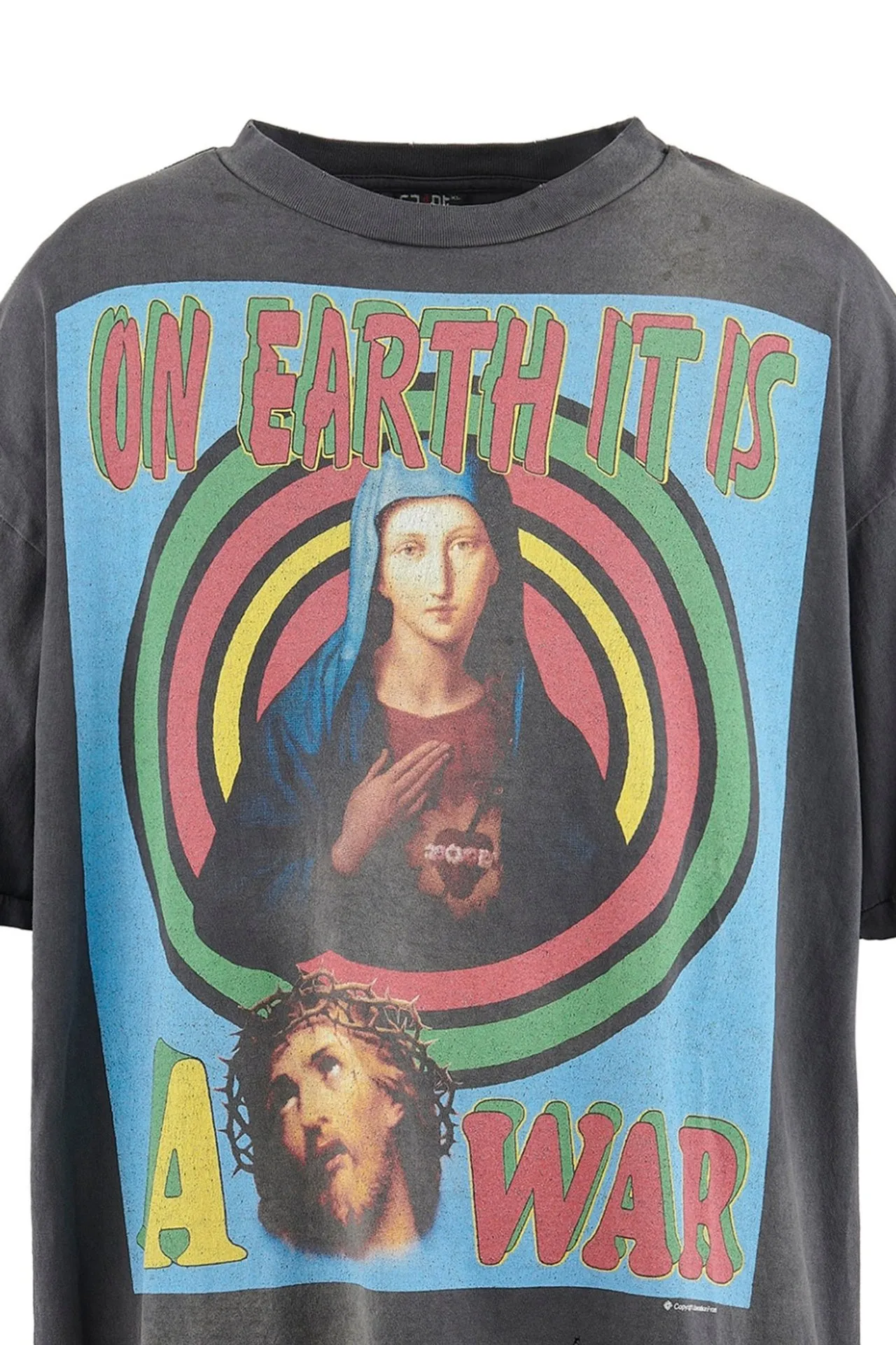 SAINT MICHAEL SS TEE/ON EARTH/BLK Jesus, Mary, Holy Infant Earth TEE Ready-to-wear Assut special piece dyeing, washed and distressed Vintage process, front and rear super complex super large printing, top purchasing agent technology